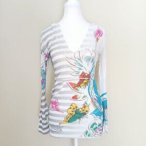 Ed Hardy Christian Audigier Y2K Graphic Knit Sweater Tunic Hoodie Size L